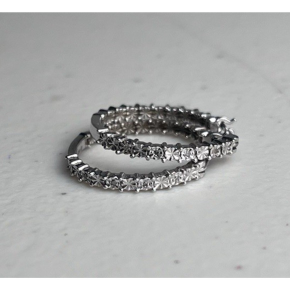 Sterling Silver 925 Hoop Earrings Hinged Latch Back Textured Starburst Dainty - Picture 8 of 11